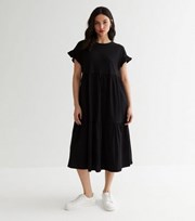 New Look Petite Black Jersey Frill Sleeve Midi Smock Dress